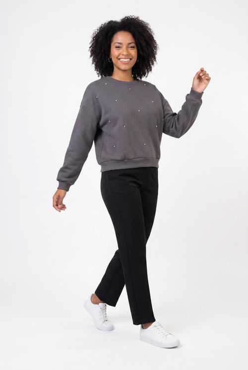 Moletom Oversized Feminino Cinza Chumbo Strass