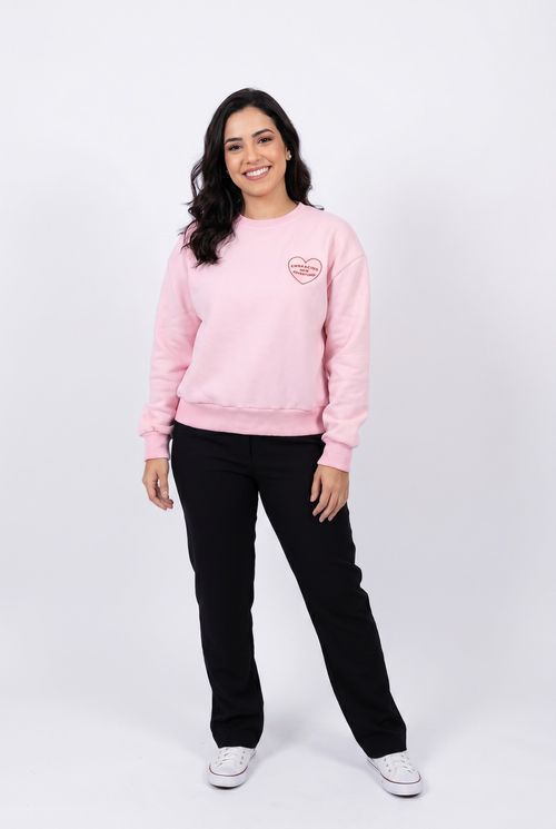 Moletom Feminino Rosa Claro Bordado Coração 'Aventuras'