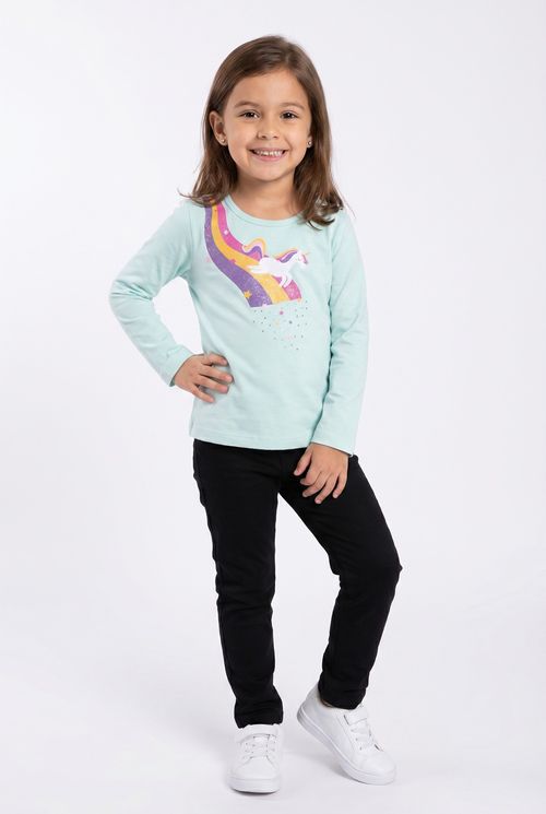 Blusa Infantil Menina Verde Claro Unicórnio Mágico e Arco-Íris