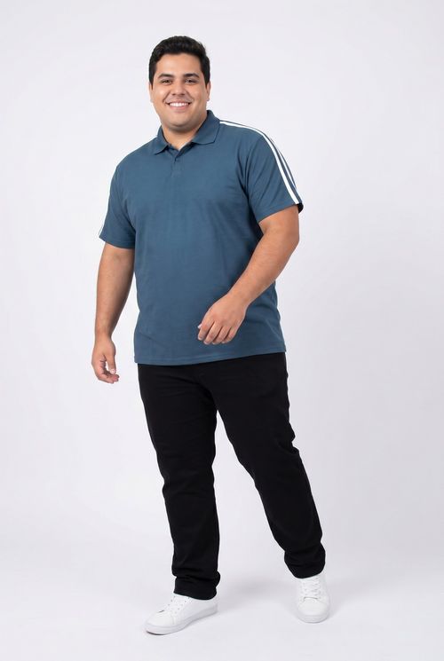 Polo Masculina Azul Clássico com Faixas Brancas