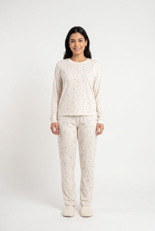 Pijama Longo Feminino Creme Estampado Estrelas