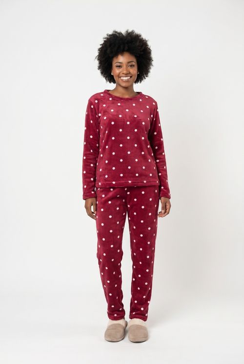 Pijama Longo Feminino Vinho Poá