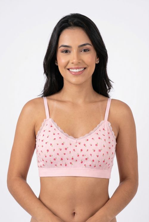 Sutiã Bralette Feminino Rosa Canelado Floral com Renda