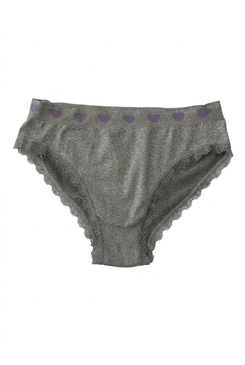 Calcinha Feminina Cinza Corações Roxos e Renda Delicada
