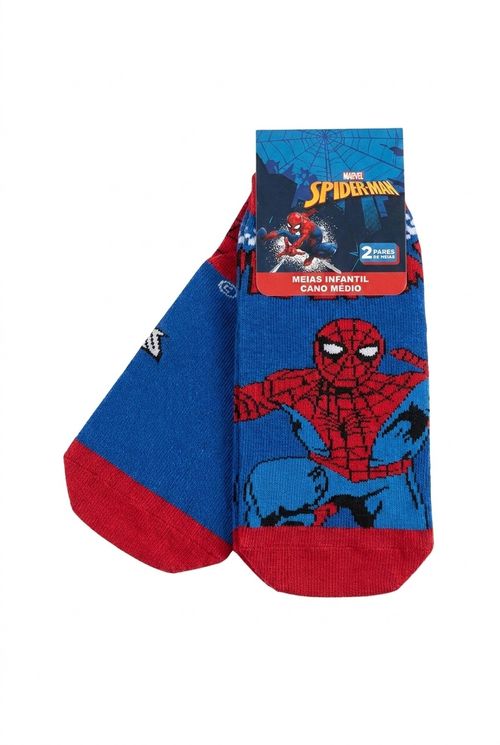 Kit 2 Meias Cano Médio Infantil Menino Azul Vermelho H-Aranha