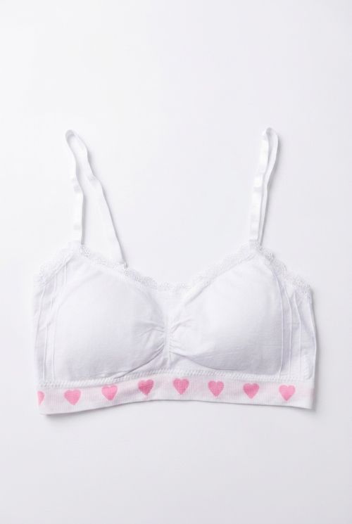 Sutiã Bralette Infantil Menina Branco Corações Rosa e Renda