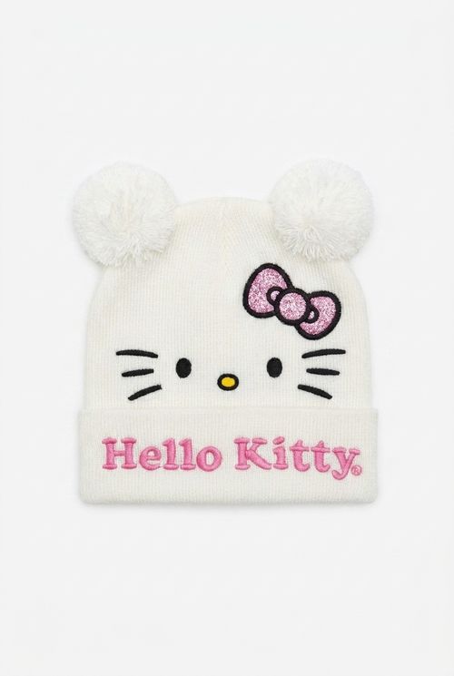 Gorro Infantil Menina Branco Hello Kitty Orelhas Pompom Glitter