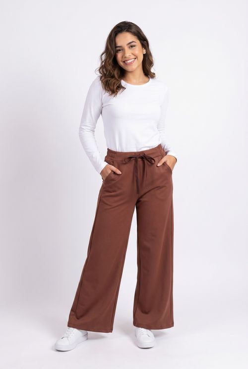 Calça Feminina Wide Leg Moletinho Marrom Escuro