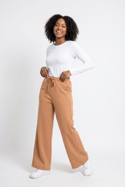 Calca fem comfy fea036 scuba wide leg bege escuro