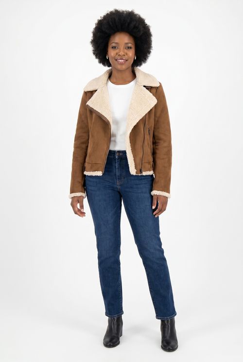 Jaqueta fem rom frj012 suede e sherpa marrom medio