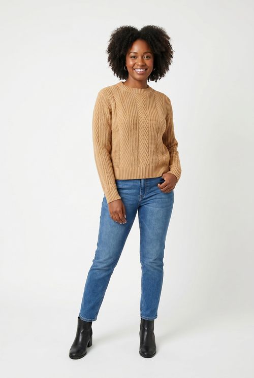 Trico fem casual fcal414 m/l trancinha bege medio