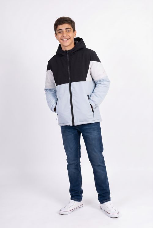 Jaqueta Puffer Juvenil Color Block Azul Claro, Preto e Branco