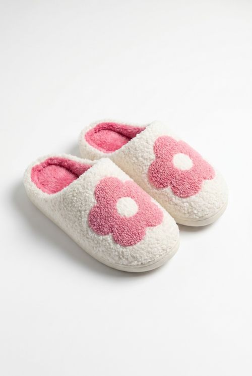 Pantufa Feminina Off-White Estampa Flor Rosa