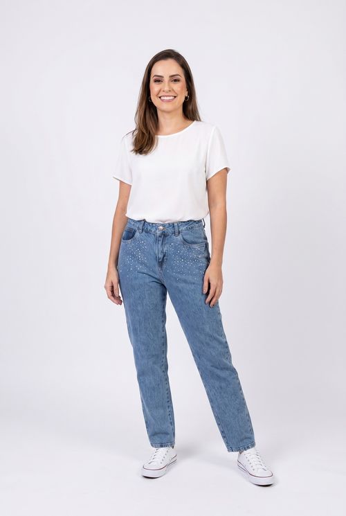 Calca fem fsh 461553-1 jns mom brilhos m jeans azul medio