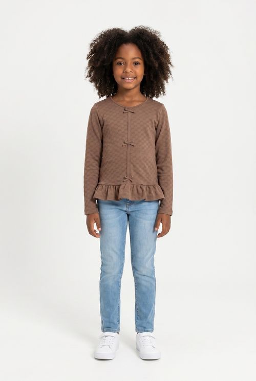 Blusa Infantil Menina Marrom Xadrez com Laços e Babado