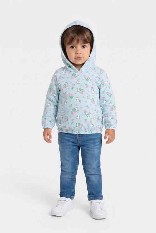 Blusão de Moletom Infantil Menina Azul Pastel Coelhinhos e Tulipas