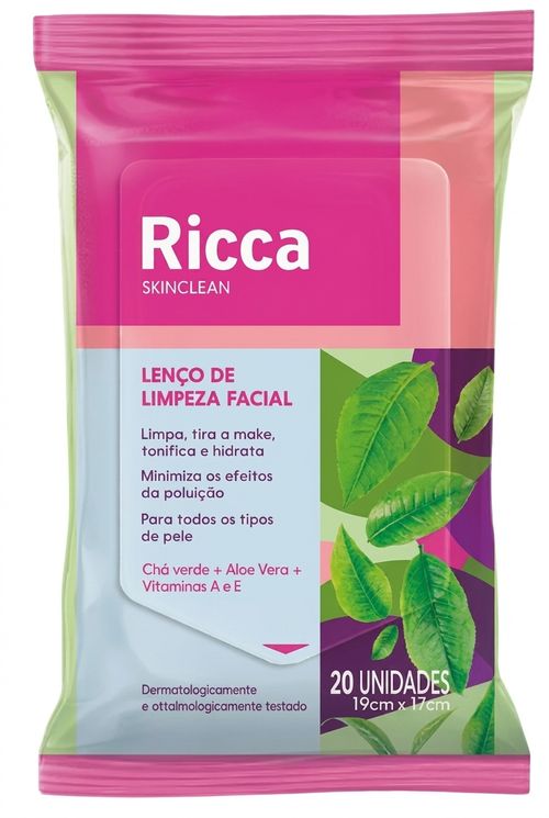 Lenços Faciais Feminino Ricca Skinclean Chá Verde Aloe Vera 5 em 1