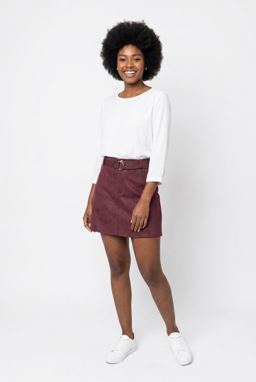 Saia Curta Feminina Suede Borgonha com Cinto D-ring