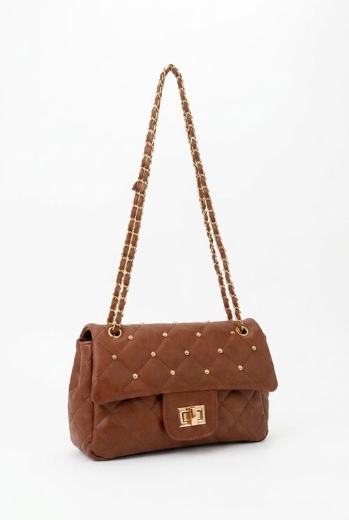 Bolsa Tiracolo Feminina Caramelo Matelassê Rebites Dourados