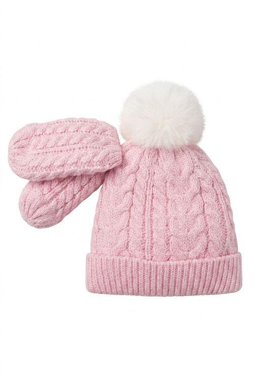 Kit Gorro e Luvas Infantil Menina Rosa Claro Bebê Tricô Pom-pom