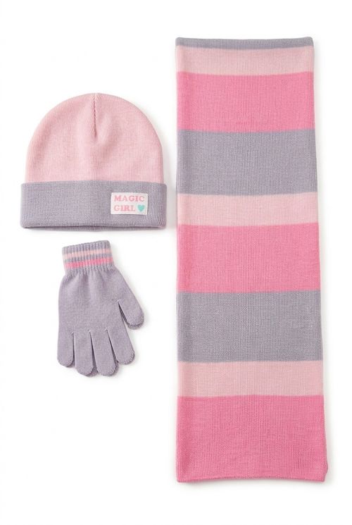 Kit Inverno Infantil Menina Rosa e Cinza Listrado