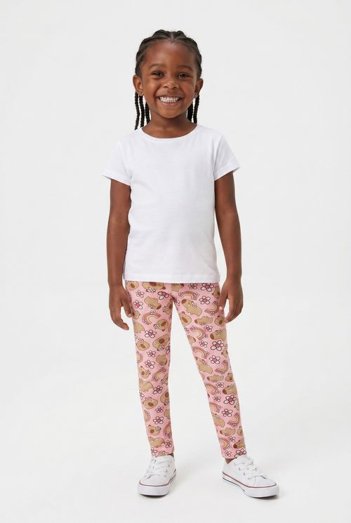 Legging Infantil Menina Rosa Capivaras, Arco-íris e Flores