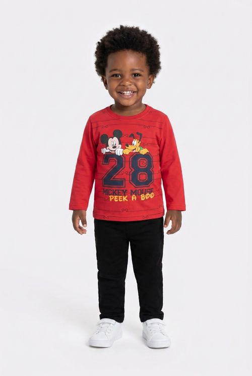 Camiseta Infantil Menino Vermelha Mickey e Pluto Peek A Boo