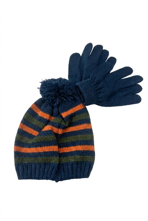 Kit Gorro e Luvas Masculino Azul Marinho Listrado Pom-pom