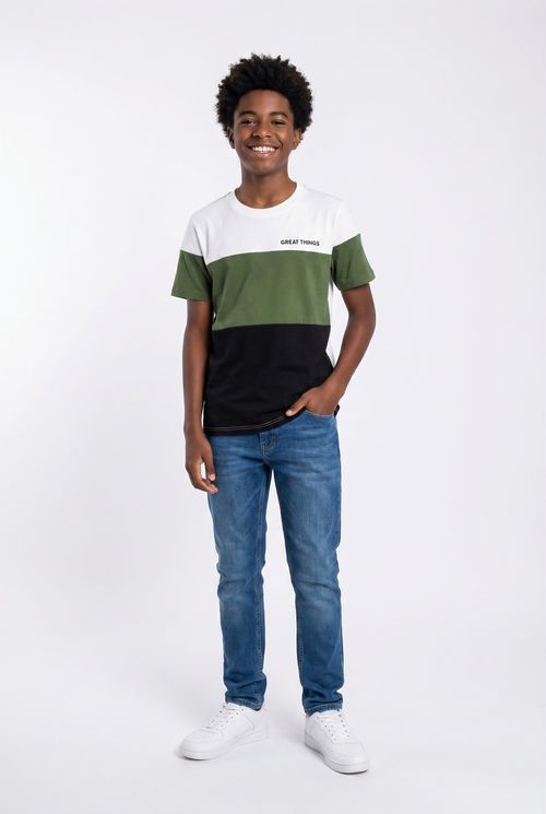 Camiseta Infantil Menino Branco, Verde Militar e Preto 'Great'