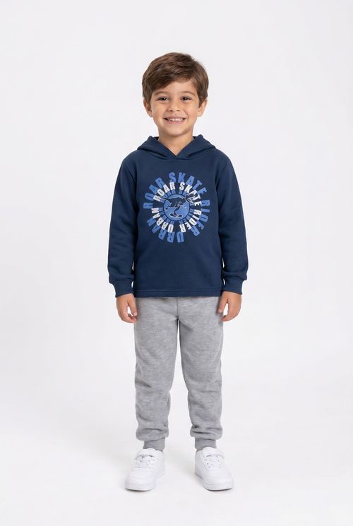 Conjunto Moletom Infantil Menino Azul Marinho/Cinza Skate Dinossauro