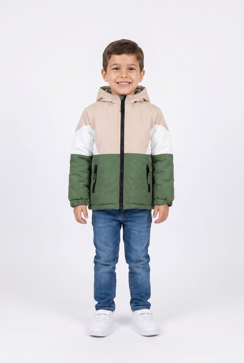 Jaqueta Puffer Infantil Color Block Verde Médio Bege Branco