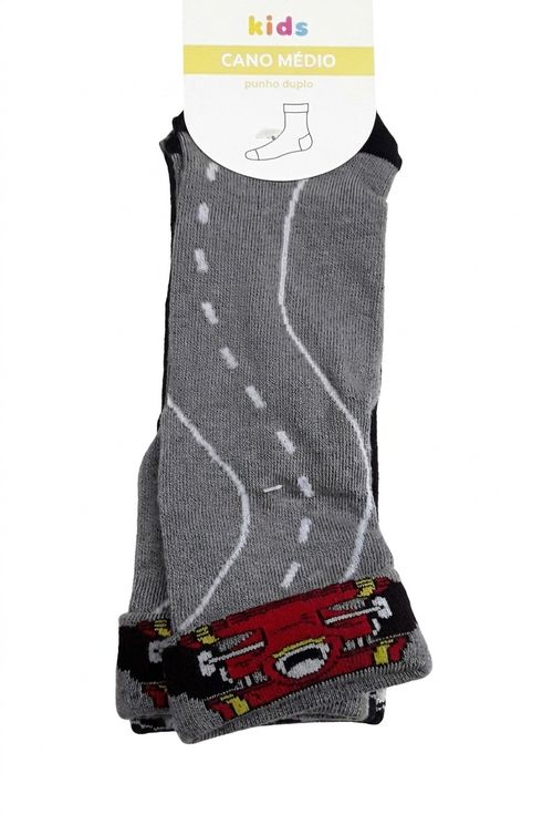 Meias Cano Médio Infantil Menino Cinza e Vermelho Pista e Carro