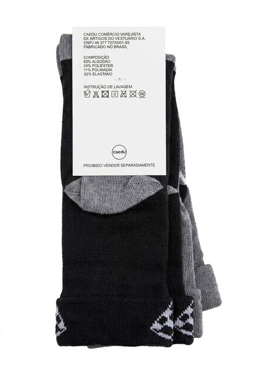 Kit 2 Meias Soquete Preto e Cinza Estampa Geométrica Moderna