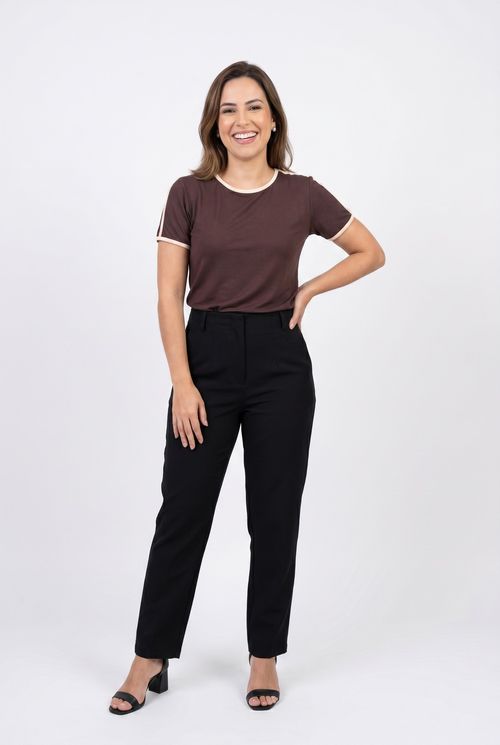 Blusa Feminina Marrom Escuro com Listras Off-white