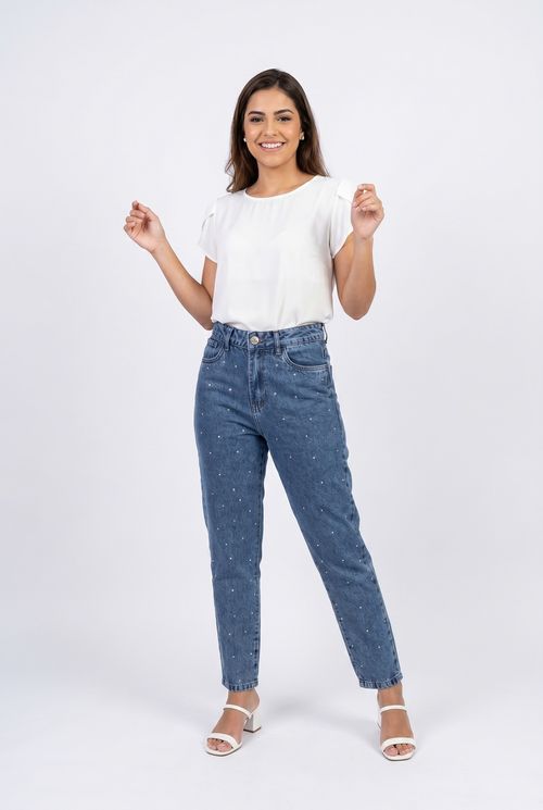 Calça Mom Jeans Feminina Azul Médio Com Brilho