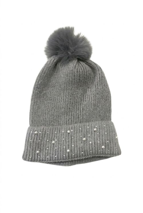 Gorro Feminino Cinza Claro Pompom, Pérolas e Lantejoulas