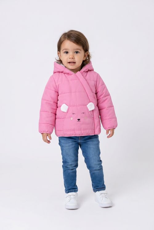 Jaqueta Puffer Infantil Menina Rosa Chiclete Ursinho Orelhinhas