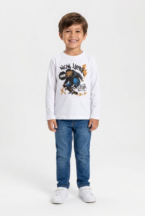 Camiseta Manga Longa Infantil Menino Branca Skatista New York