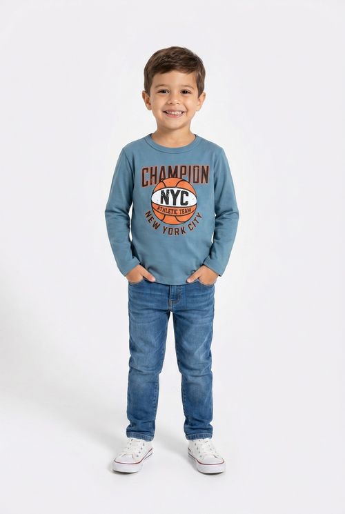 Camiseta Manga Longa Infantil Menino Verde Pistache Champion NYC