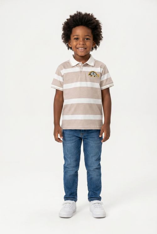 Camiseta Polo Infantil Menino Off White Bege Listrada Dino Wild One