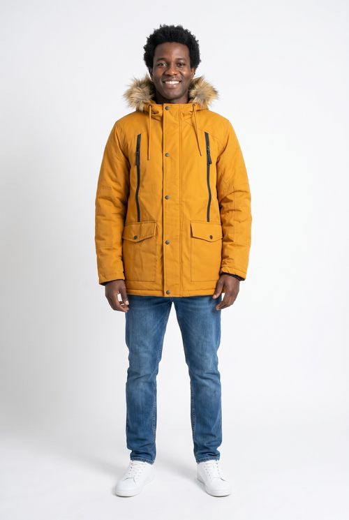 Jaqueta Parka Masculina Amarelo Mostarda com Capuz de Pelo