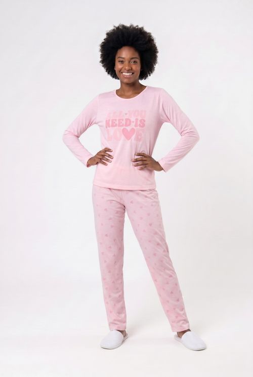 Pijama Longo Feminino Rosa Claro Adulto Love e Corações