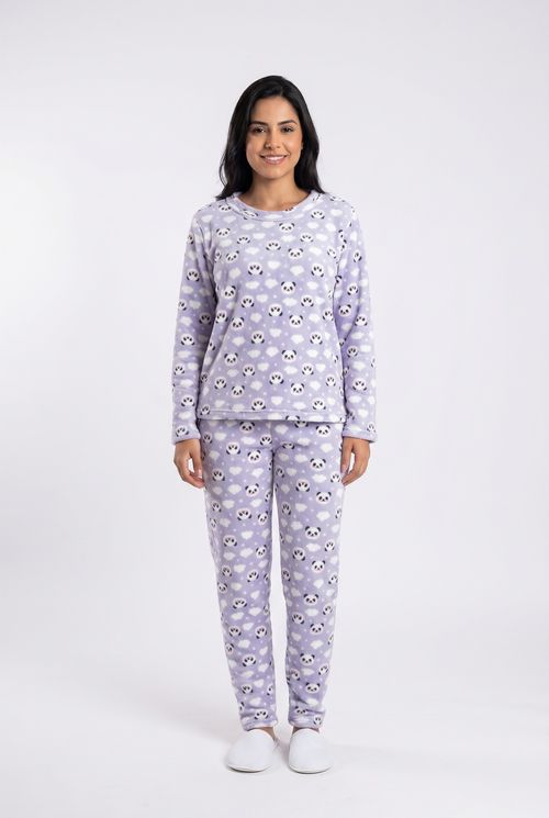 Pijama Feminino Lilás Estampa Pandas e Nuvens