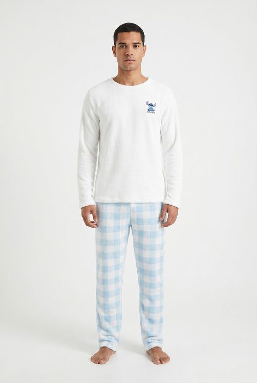 Pijama Fleece Masculino Off White/Azul Stitch
