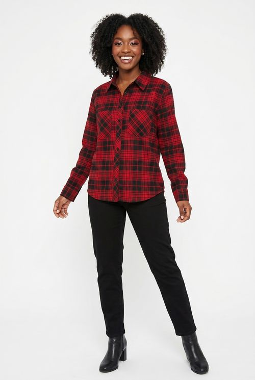 Camisa Feminina Vermelha e Preta Xadrez Flanelada