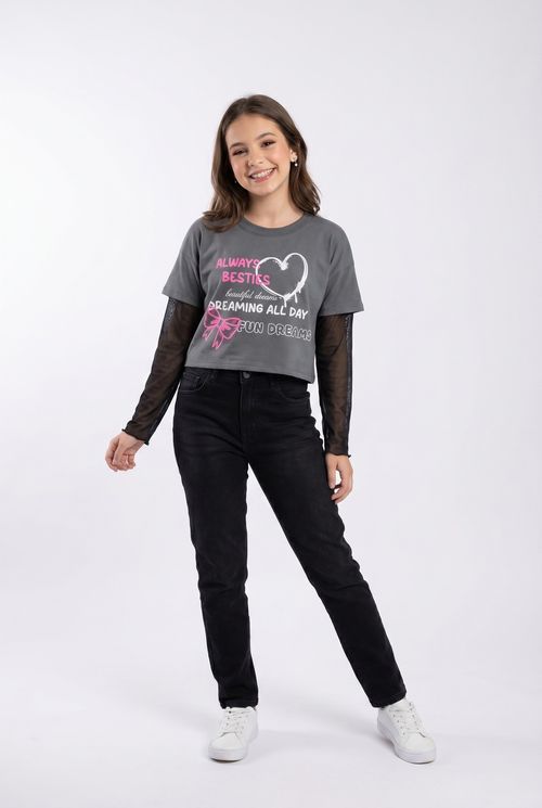 Blusa Cropped Juvenil Menina Cinza Chumbo Always Besties