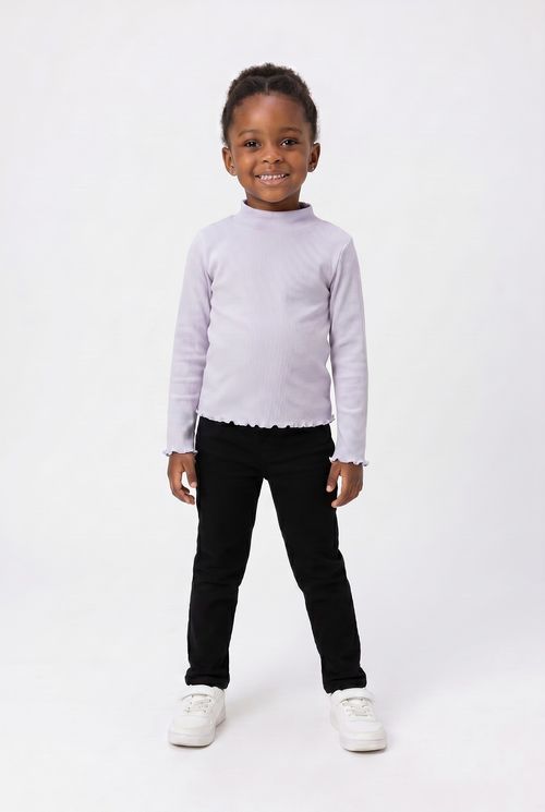 Blusa Infantil Menina Lilás Canelada Gola Alta Punhos Ondulados