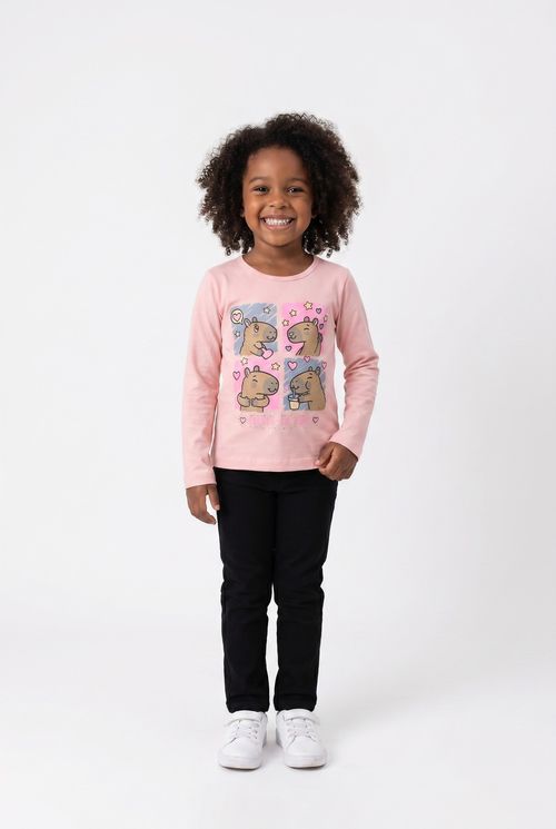 Blusa Infantil Menina Rosa Coral Estampa Capivaras