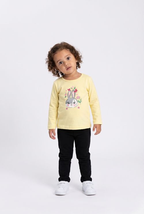 Blusa Infantil Menina Amarela Coelho e Flores