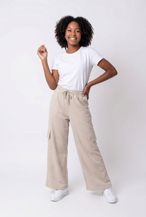 Calça Moletom Wide Leg Cargo Infantil Bege Claro